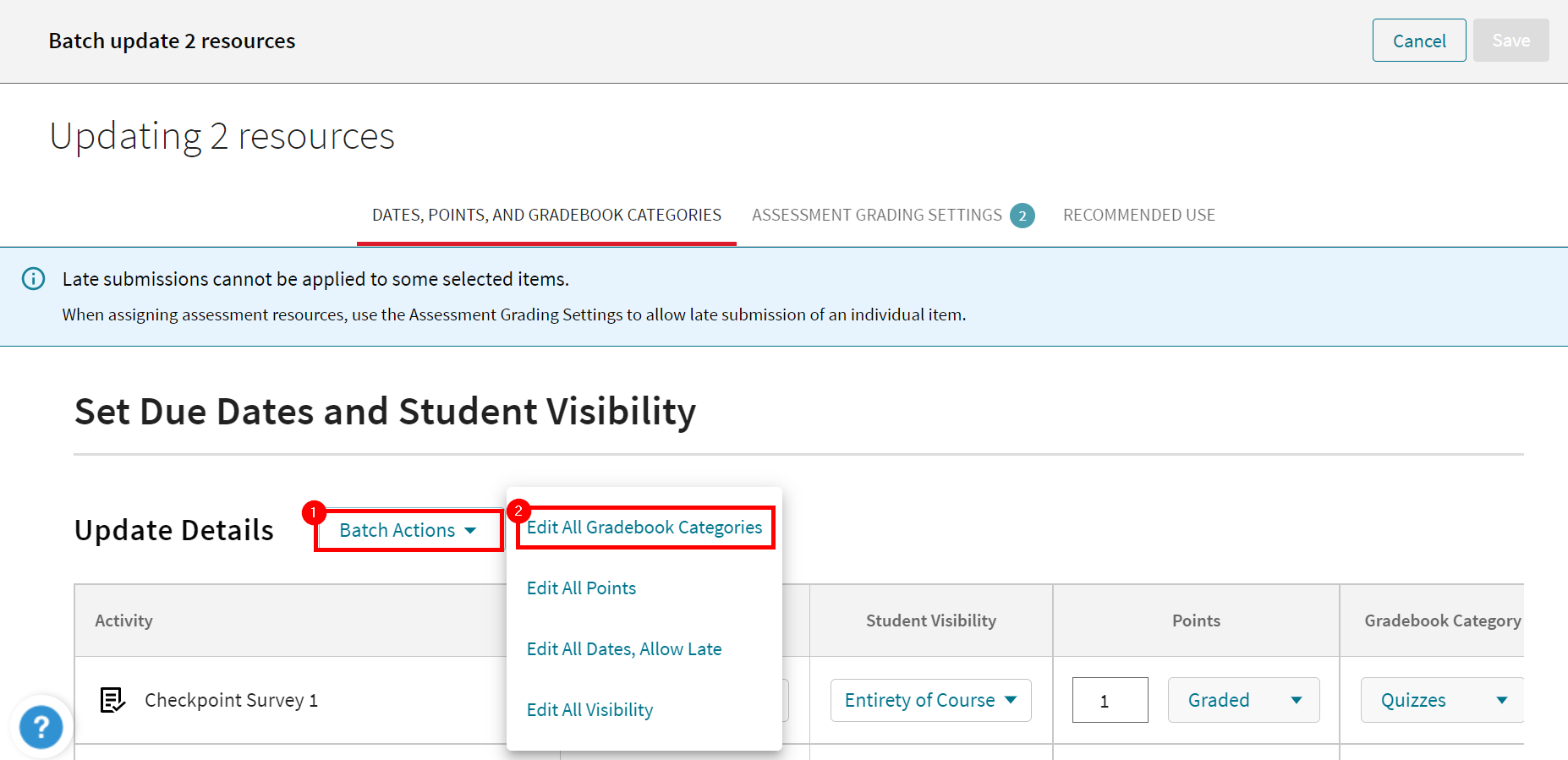 Achieve > Gradebook settings, including gradebook categories