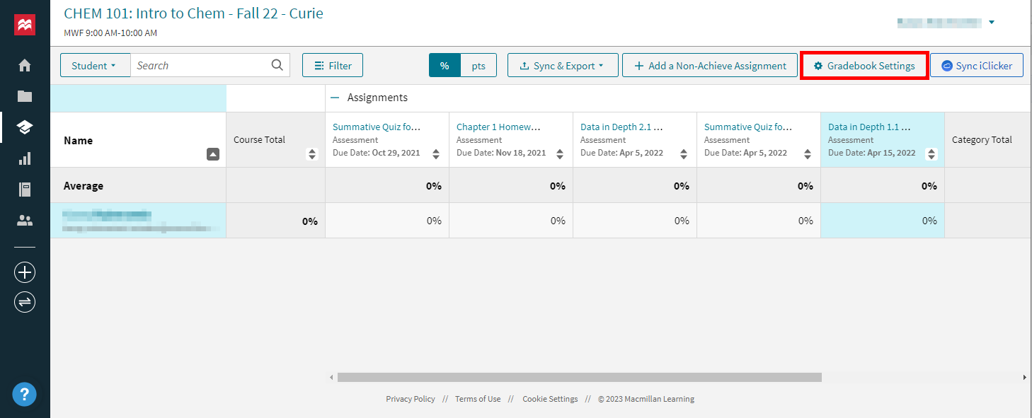 Achieve > Gradebook settings, including gradebook categories
